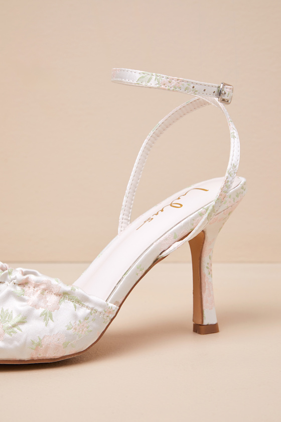 Lulus Issoria Gold Mix Floral Satin Bow Ankle Strap Pumps In Multi
