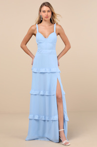 Sincerely Poised Light Blue Backless Bustier Tiered Maxi Dress 1