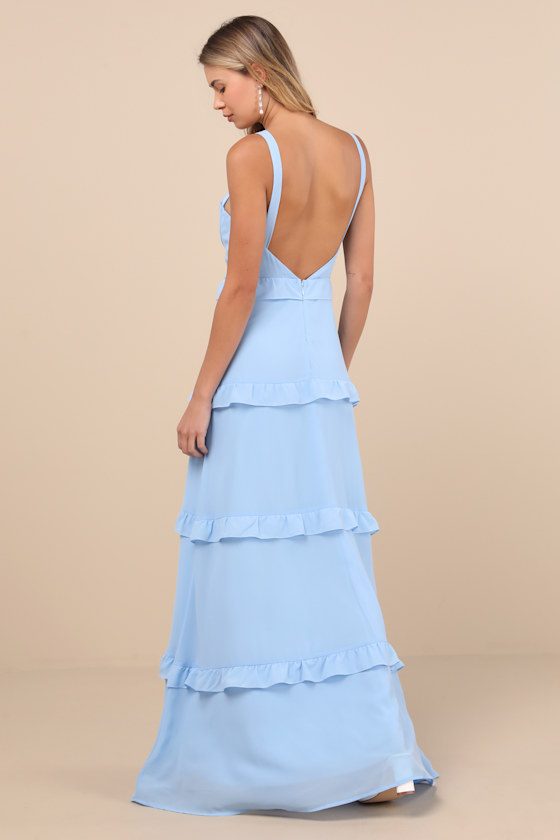 Lulus Sincerely Poised Light Blue Backless Bustier Tiered Maxi Dress In Light Blue