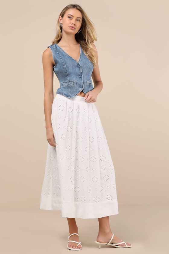 Lulus Milila White Eyelet Embroidered High-rise Midi Skirt