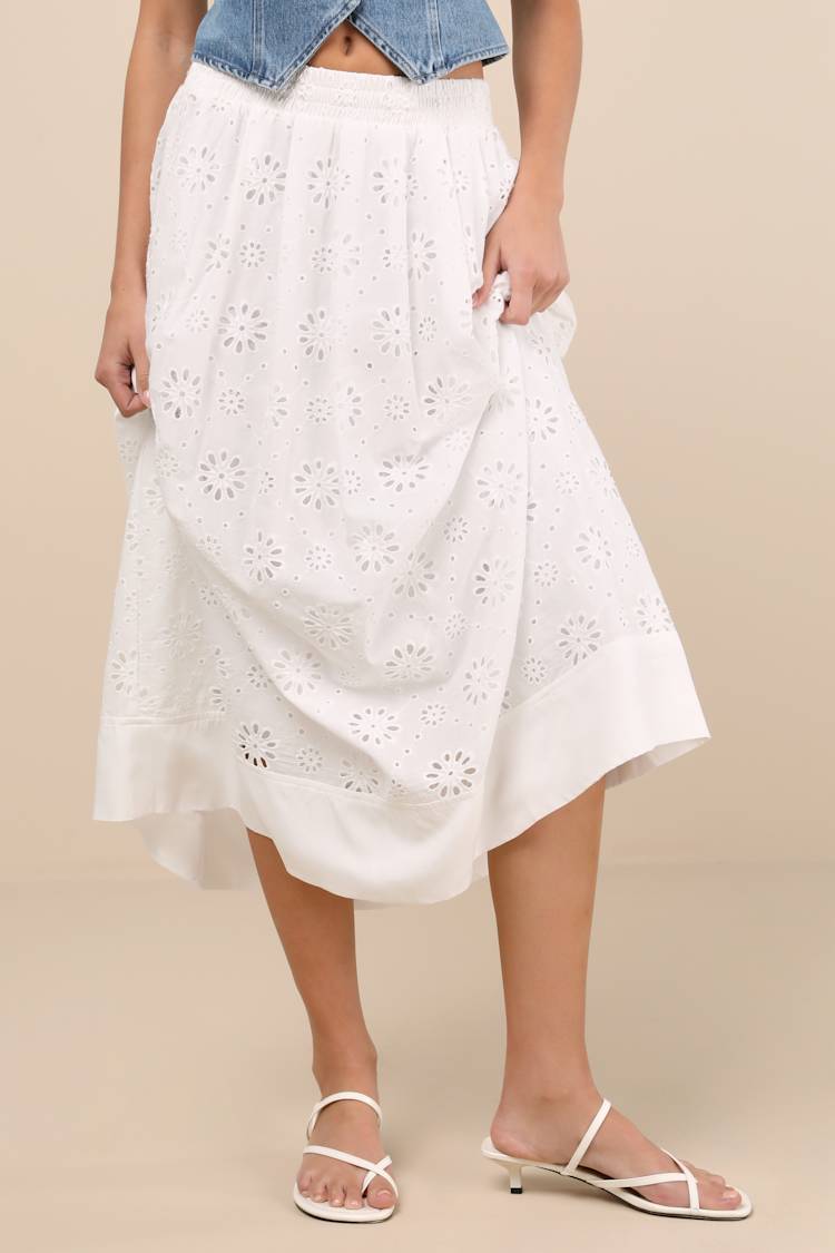 Milila White Eyelet Embroidered High-Rise Midi Skirt