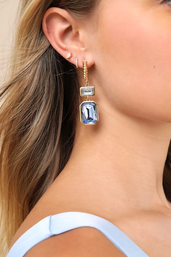 Koto Gold and Blue Rhinestone Hoop Drop Earrings 4