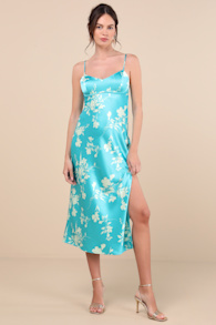 Glamorous Efforts Aqua Floral Print Tie-Back Midi Dress 1