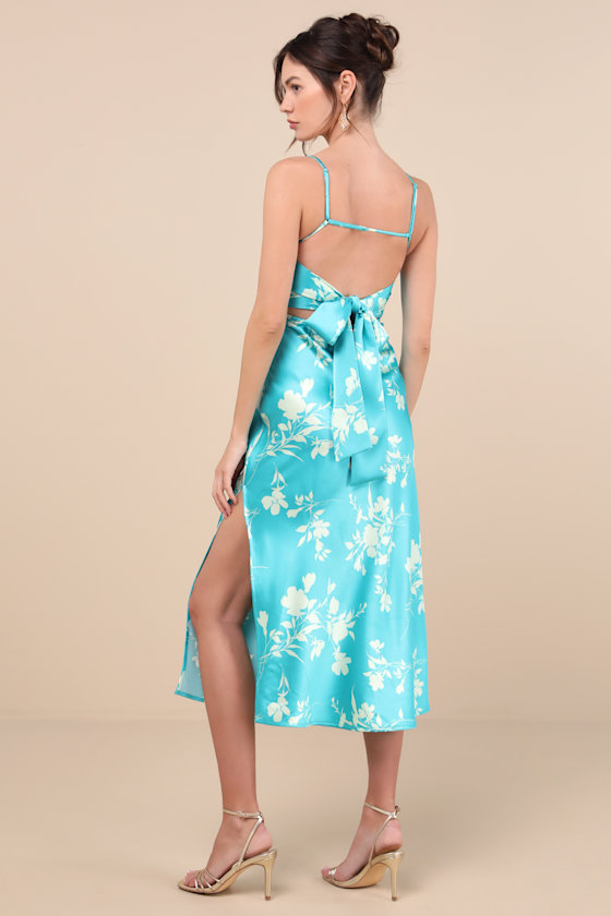 Aqua Floral Midi Dress - Satin Midi Dress - Aqua Tie-Back Dress - Image 2