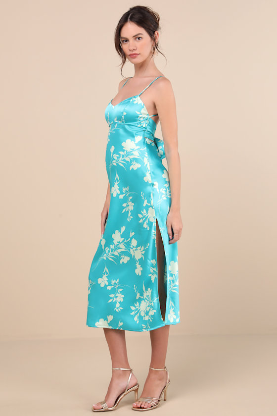 Aqua Floral Midi Dress - Satin Midi Dress - Aqua Tie-Back Dress - Image 3