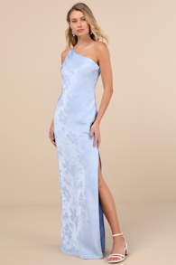 Nadra Light Blue Satin Jacquard One-Shoulder Maxi Dress 1