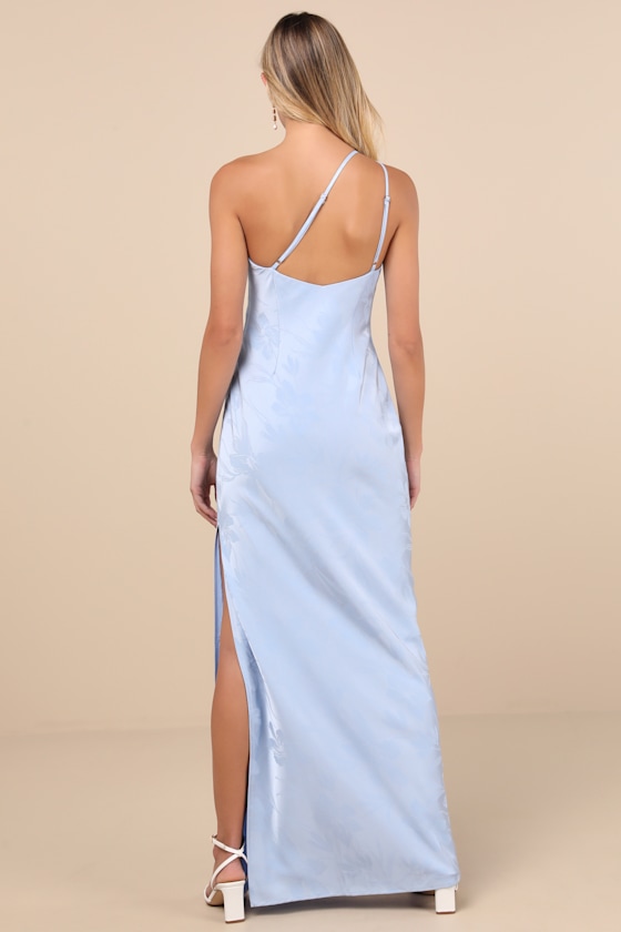 Light Blue Maxi Dress - Satin Jacquard Dress - One-Shoulder