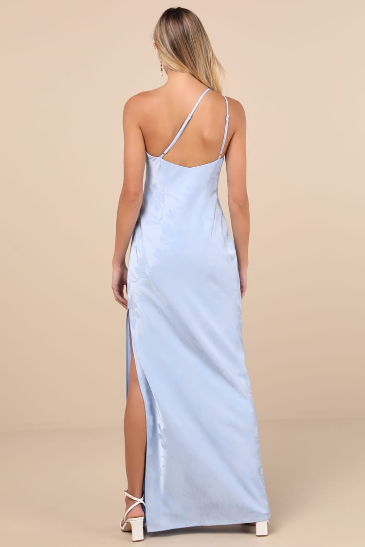 Nadra Light Blue Satin Jacquard One-Shoulder Maxi Dress