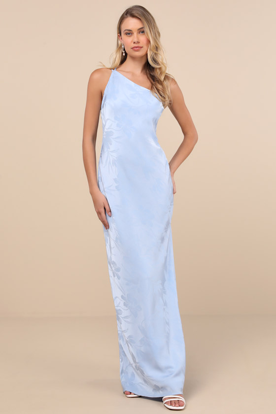 Lulus Nadra Light Blue Satin Jacquard One-shoulder Maxi Dress In Light Blue