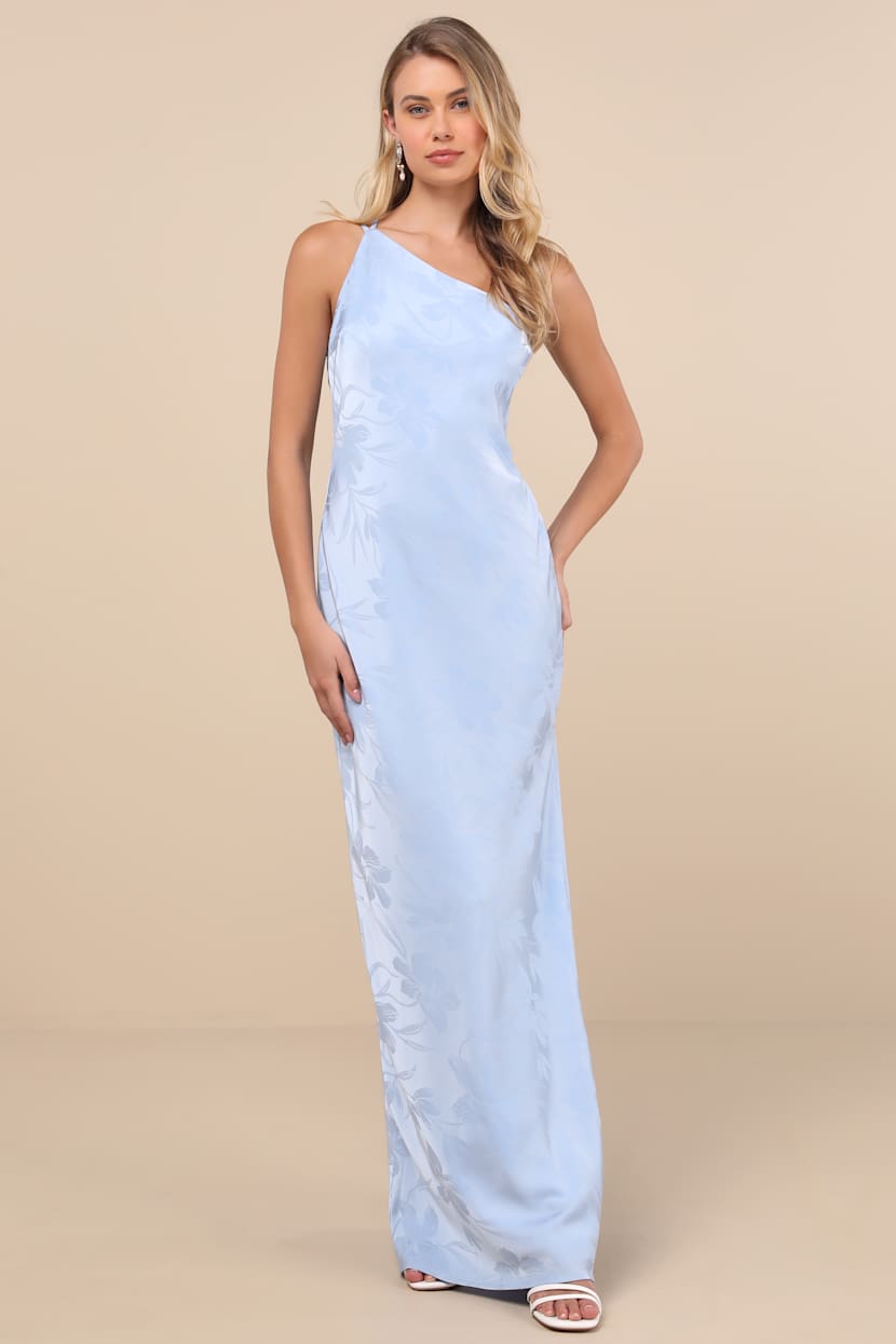 Nadra Light Blue Satin Jacquard One-Shoulder Maxi Dress