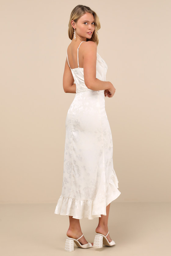 Lulus Modern Passion Ivory Floral Satin Jacquard Ruffled Midi Dress In Ivory