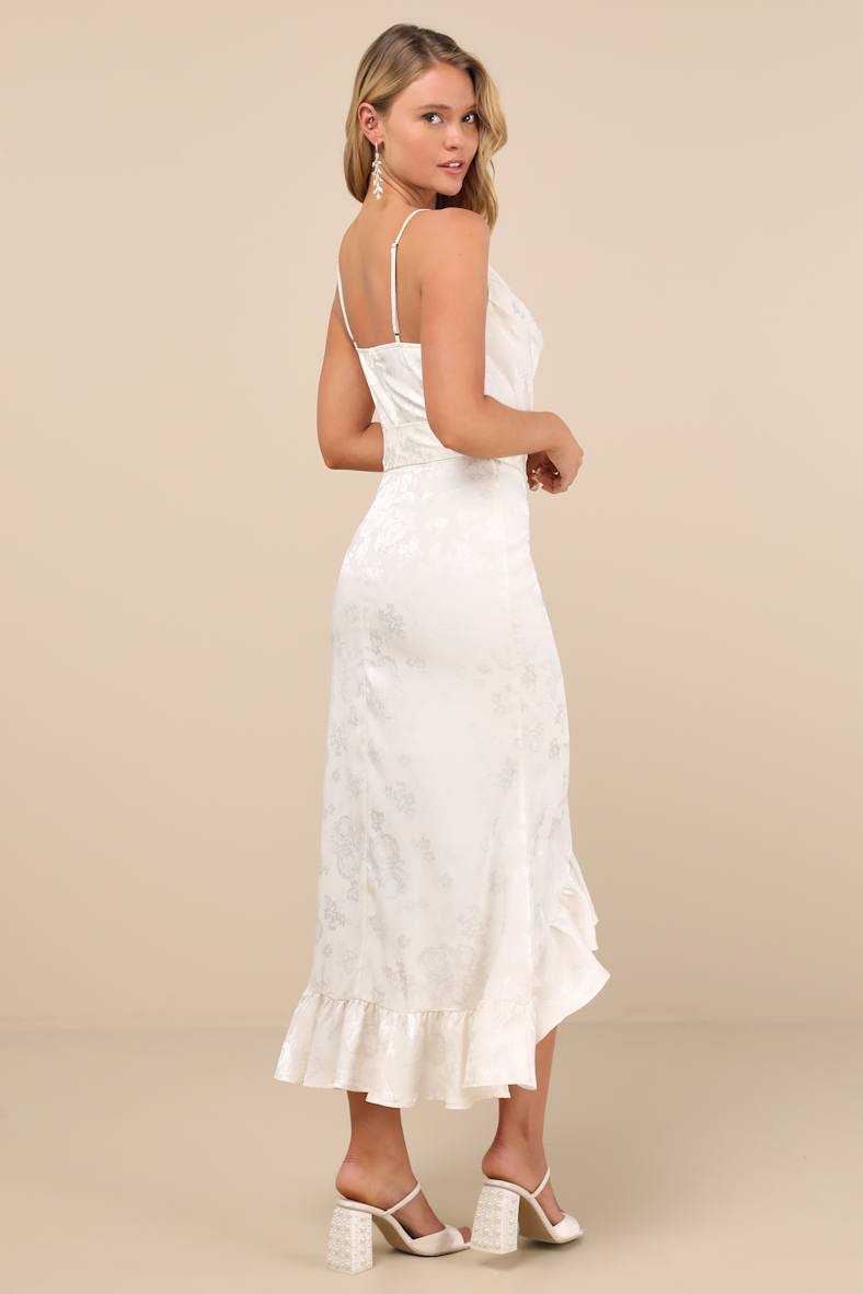 Modern Passion Ivory Floral Satin Jacquard Ruffled Midi Dress