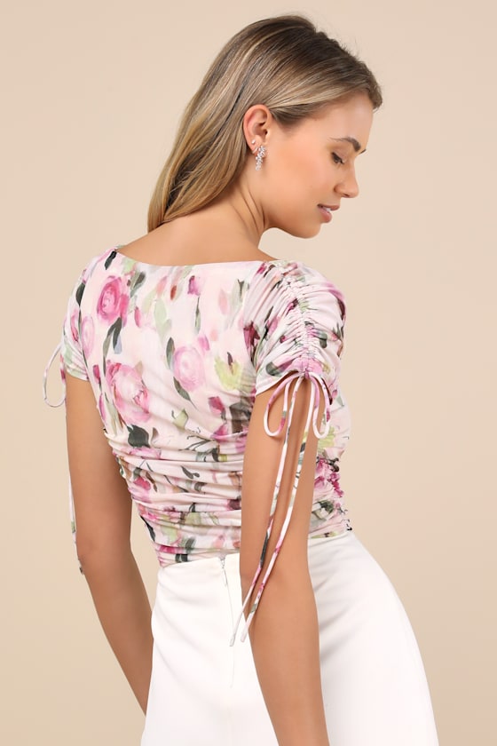 LULUS ZAHARINA BLUSH PINK MESH RUCHED SHORT SLEEVE BODYSUIT 