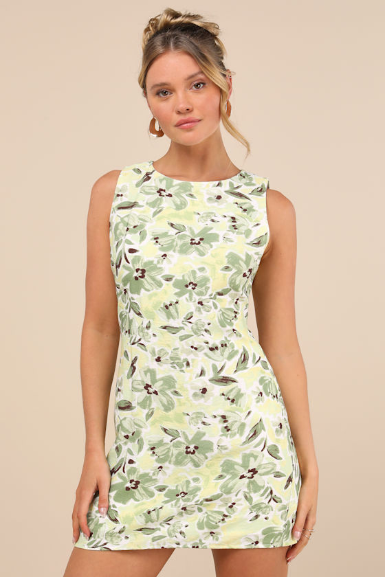 Lulus | Green Floral Sleeveless Mini Dress | Womens | Large (Available in XXS, XS, S, M, Xl) | Polyester/Spandex/Rayon/Nylon