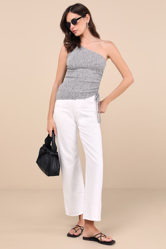 LULUS CASSARA GREY MARLED RIBBED ONE-SHOULDER DRAWSTRING TANK TOP