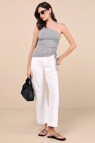 Cassara Grey Marled Ribbed One-Shoulder Drawstring Tank Top 2