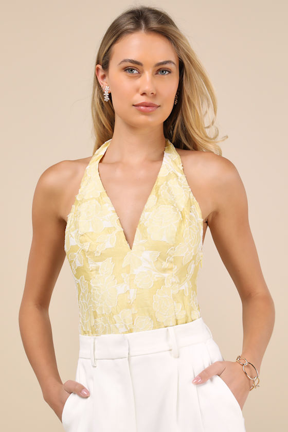 Lulus Lilou Yellow Jacquard Halter Bodysuit In Yellow