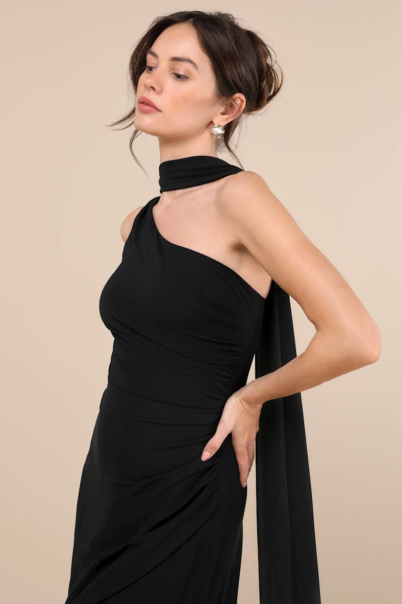 Adeline Black One-Shoulder Scarf Maxi Dress