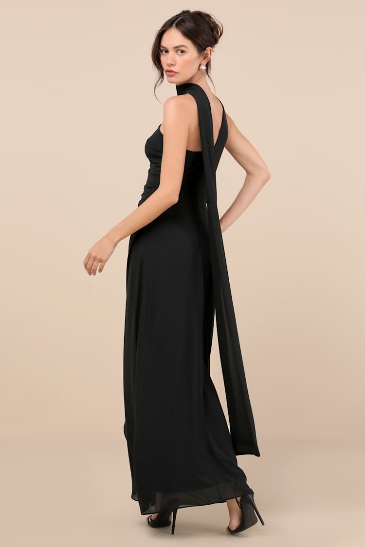 Adeline Black One-Shoulder Scarf Maxi Dress