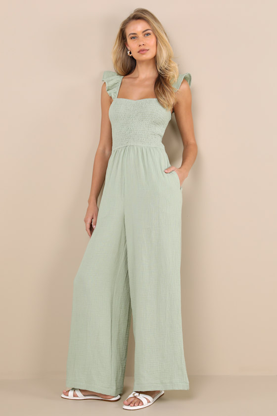 LULUS DANIYAH SAGE GREEN SMOCKED FLUTTER SLEEVE WIDE-LEG JUMPSUIT