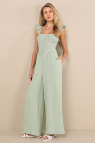 Daniyah Sage Green Smocked Flutter Sleeve Wide-Leg Jumpsuit 2