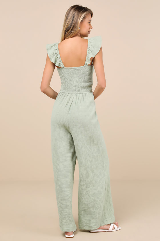 LULUS DANIYAH SAGE GREEN SMOCKED FLUTTER SLEEVE WIDE-LEG JUMPSUIT