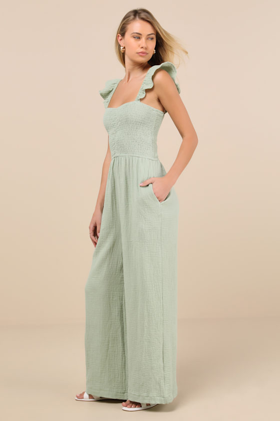 LULUS DANIYAH SAGE GREEN SMOCKED FLUTTER SLEEVE WIDE-LEG JUMPSUIT