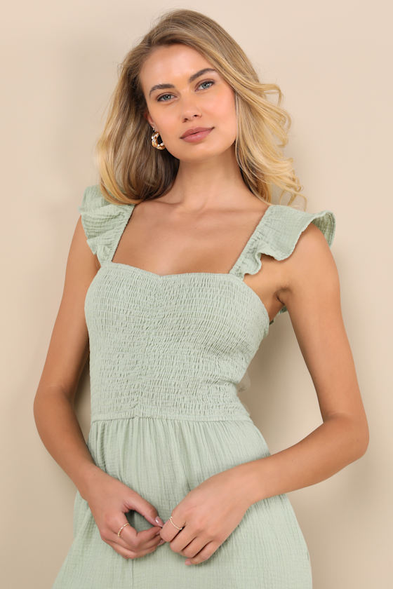 LULUS DANIYAH SAGE GREEN SMOCKED FLUTTER SLEEVE WIDE-LEG JUMPSUIT