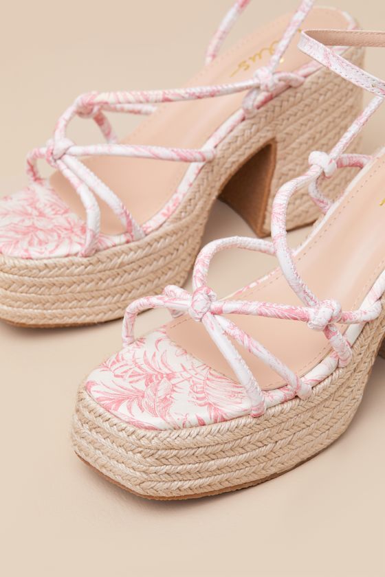 LULUS THOMASIN PINK TROPICAL PRINT PLATFORM HIGH HEEL SANDALS