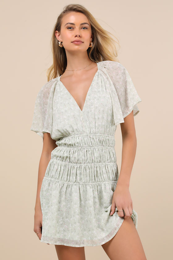 Lulus Chrislyn Light Sage Floral Flutter Sleeve Mini Dress In Light Sage