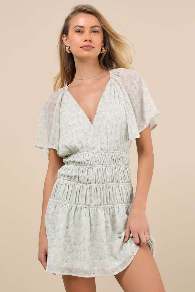 Chrislyn Light Sage Floral Flutter Sleeve Mini Dress