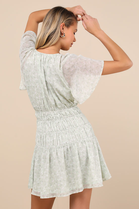 Lulus Chrislyn Light Sage Floral Flutter Sleeve Mini Dress In Light Sage
