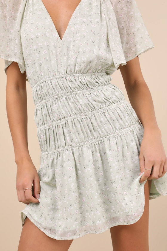 Lulus Chrislyn Light Sage Floral Flutter Sleeve Mini Dress In Light Sage