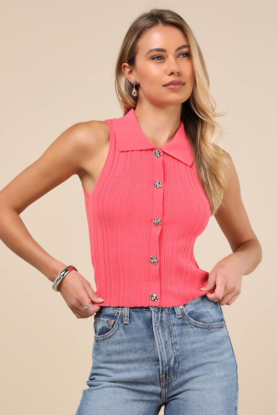 Lulus Jena Coral Pink Ribbed Knit Button-front Tank Top