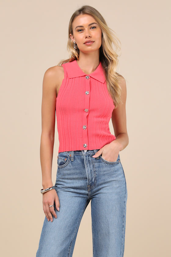 Lulus Jena Coral Pink Ribbed Knit Button-front Tank Top In Coral Pink