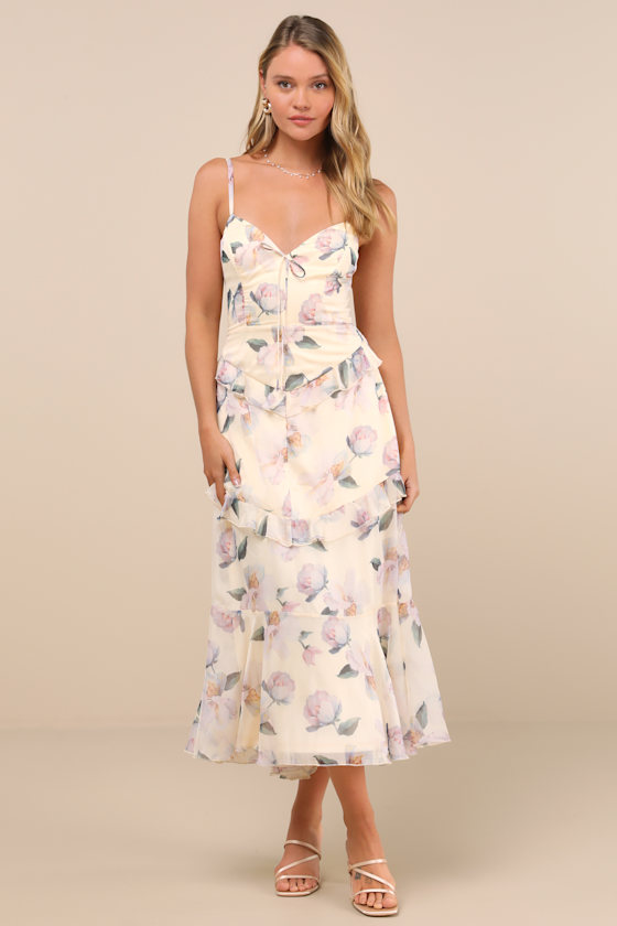 Lulus Idonea Light Yellow Floral Ruffled Lace-up Midi Dress In Light Yellow