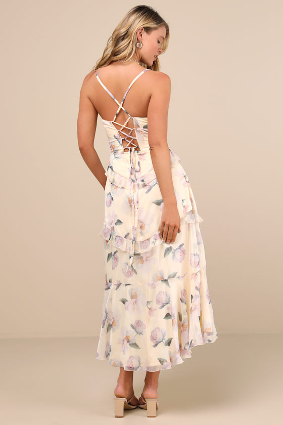 Lulus Idonea Light Yellow Floral Ruffled Lace-up Midi Dress In Light Yellow