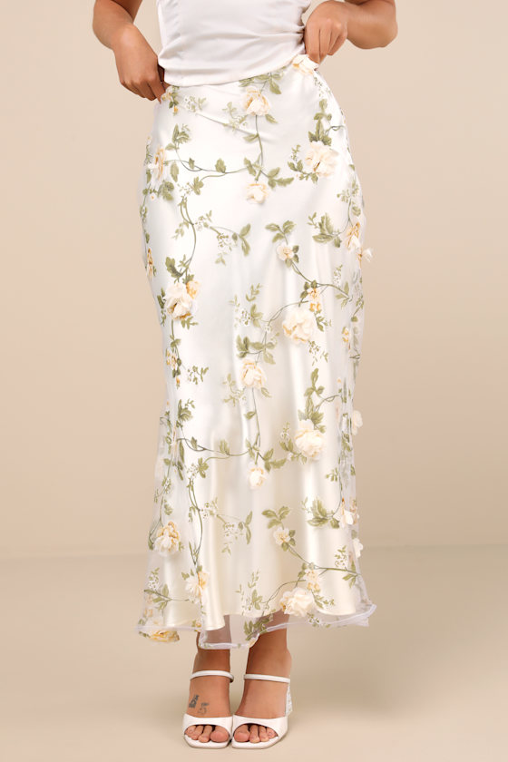Lulus Aurelia Ivory 3d Floral Satin Maxi Skirt In Ivory