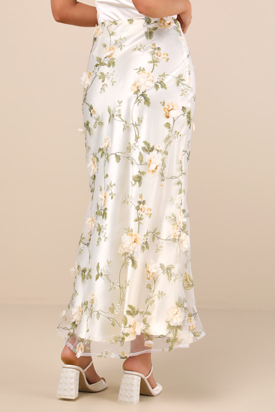 Lulus Aurelia Ivory 3d Floral Satin Maxi Skirt In Ivory