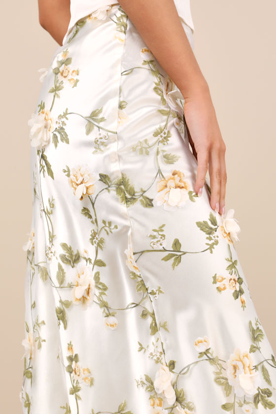Lulus Aurelia Ivory 3d Floral Satin Maxi Skirt In Ivory