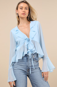 Thriving Flirt Blue Chiffon Ruffled Long Sleeve Tie-Front Top