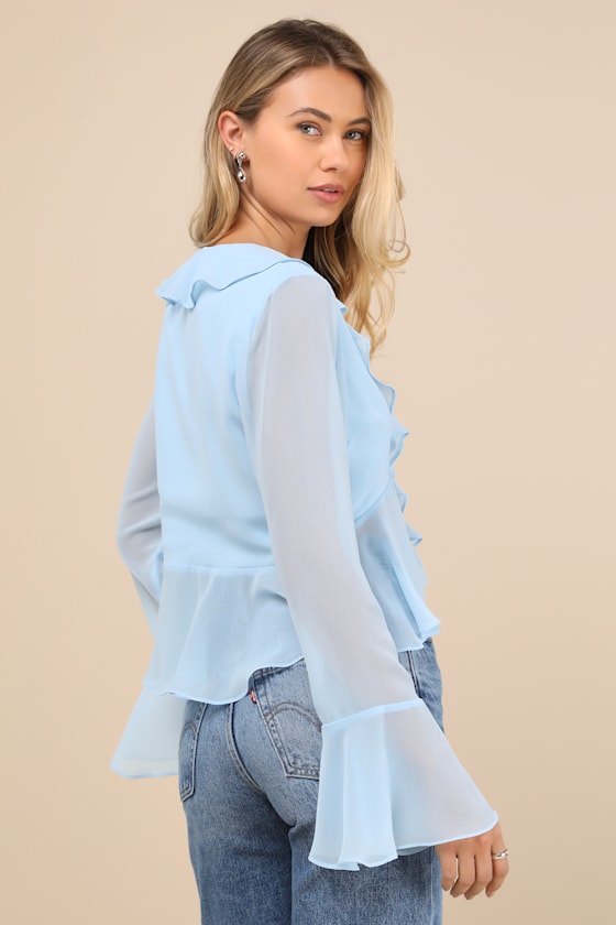 Lulus Thriving Flirt Blue Chiffon Ruffled Long Sleeve Tie-front Top In Blue