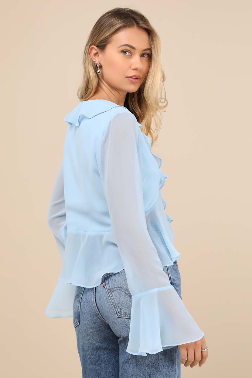 Thriving Flirt Blue Chiffon Ruffled Long Sleeve Tie-Front Top