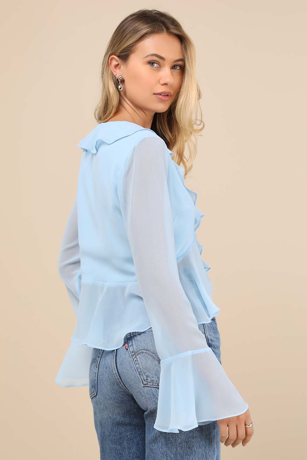 Thriving Flirt Blue Chiffon Ruffled Long Sleeve Tie-Front Top