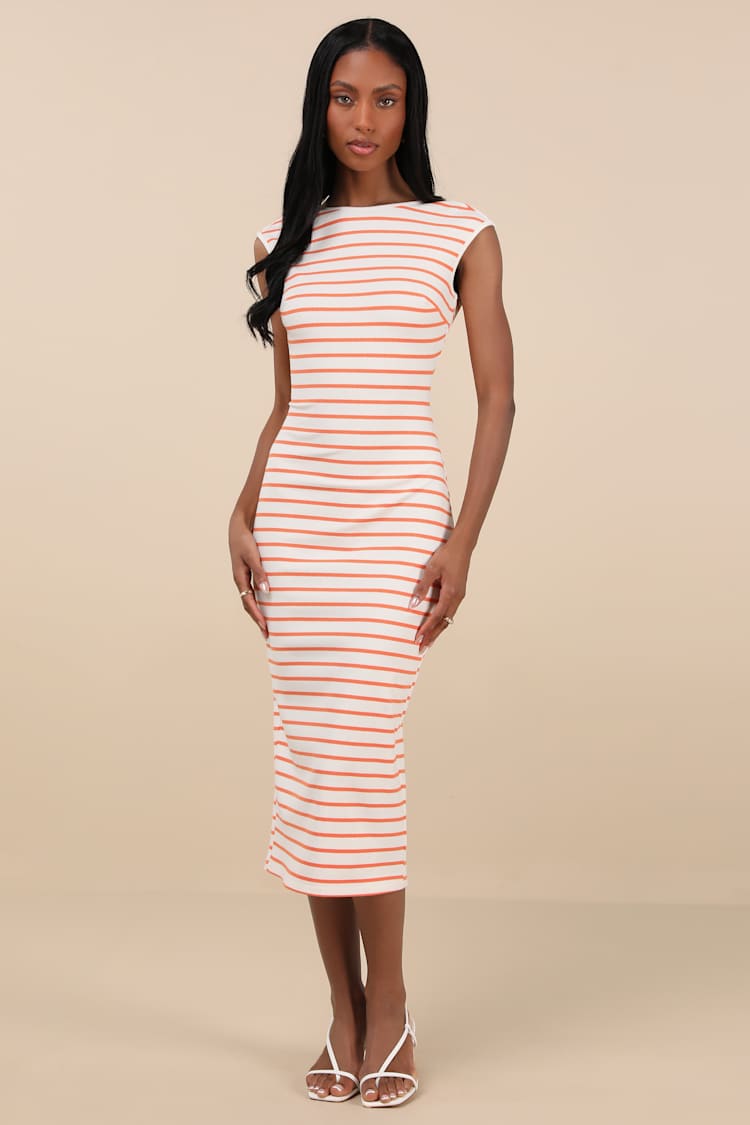 Chic Existence Ivory and Orange Striped Backless Midi Dress