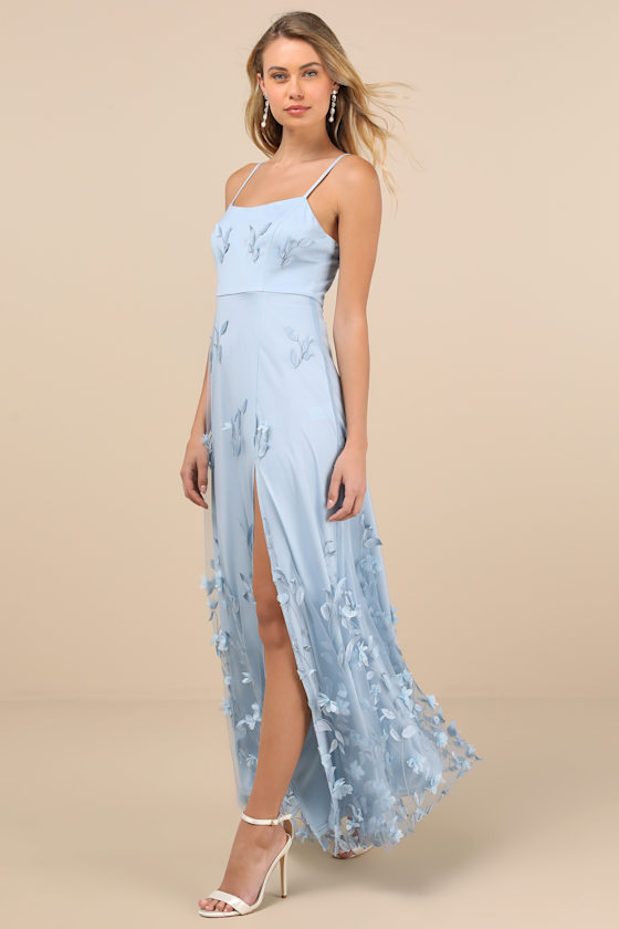 Lulus Abundant Charm Light Blue 3d Floral Applique Maxi Dress In Light Blue