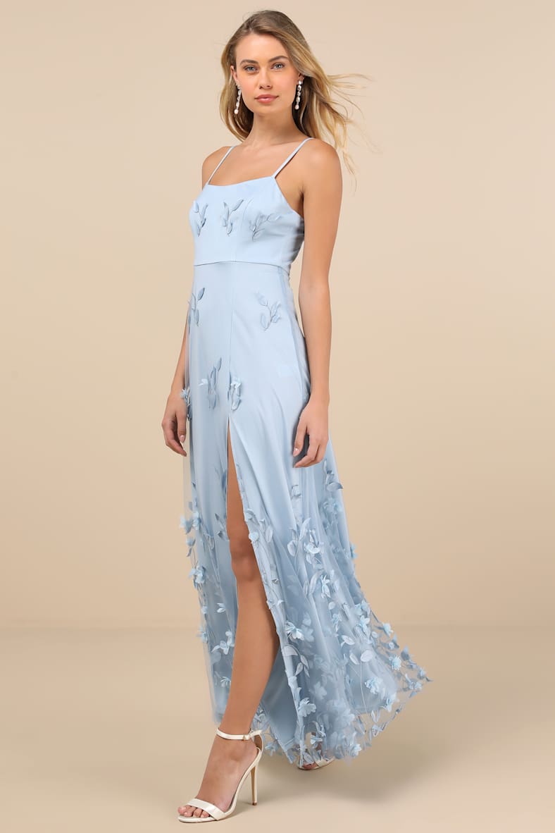 Abundant Charm Light Blue 3D Floral Applique Maxi Dress