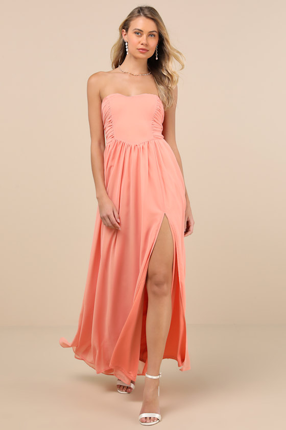 Lulus Luxe Favorite Peach Pink Strapless Ruched Maxi Dress In Peach