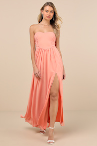 Luxe Favorite Peach Pink Strapless Ruched Maxi Dress 4