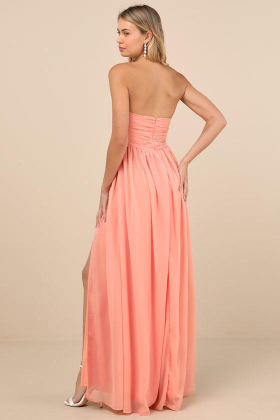Lulus Luxe Favorite Peach Pink Strapless Ruched Maxi Dress In Peach